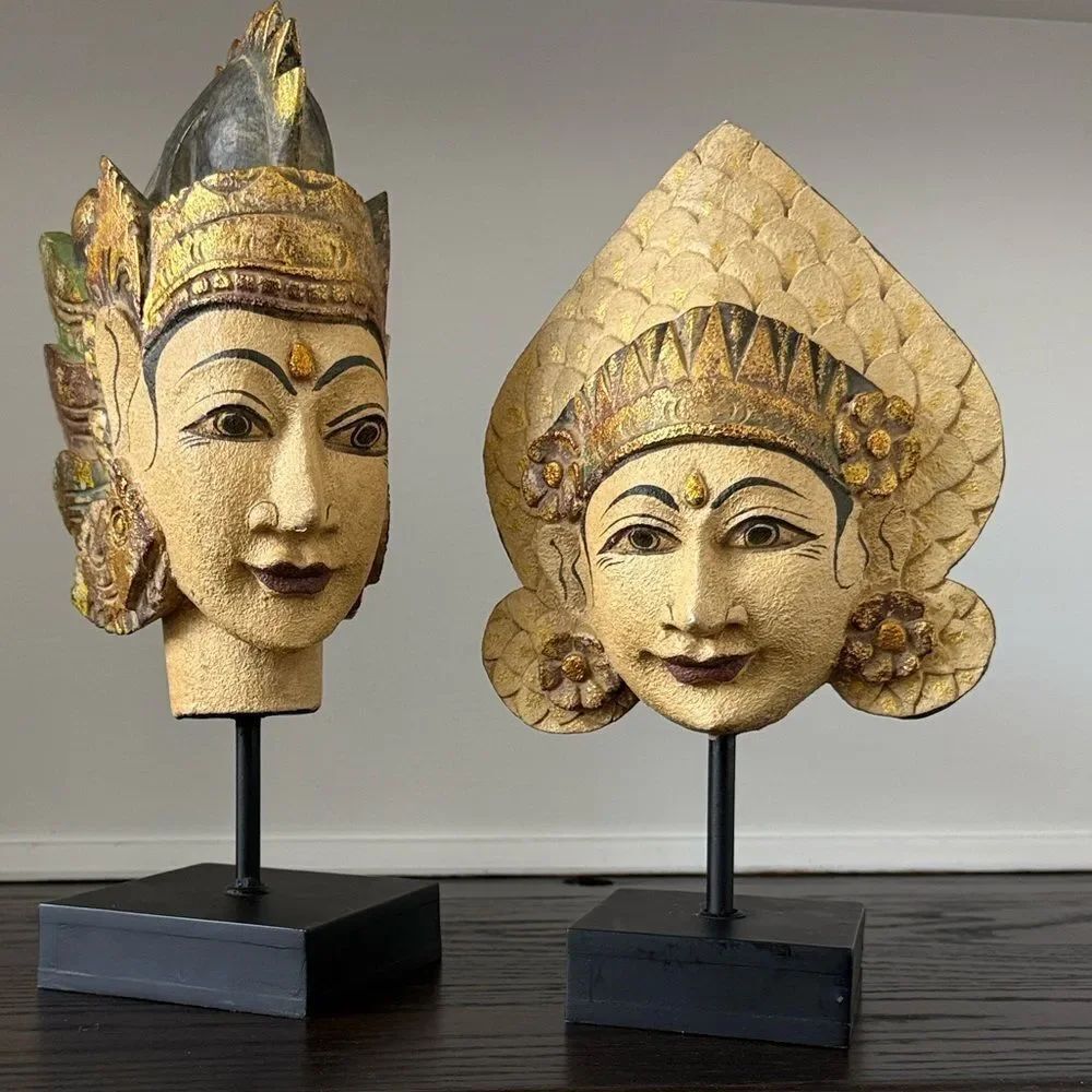 Rama and Sita, Balinese Carved Wooden Heads on Stands, Pair